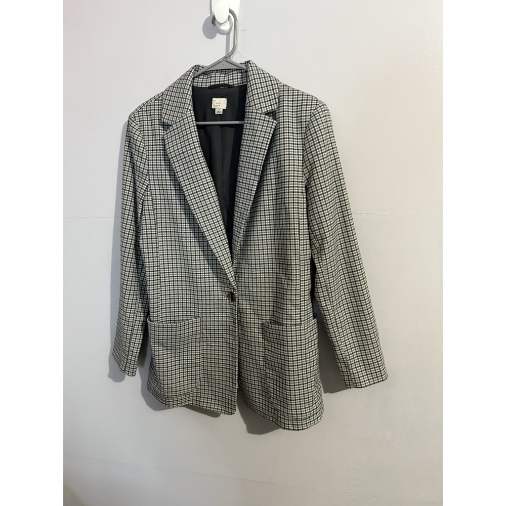 A New Day Oversized Plaid One Button Blazer Size S Pocket Blue‎ Gray Academia